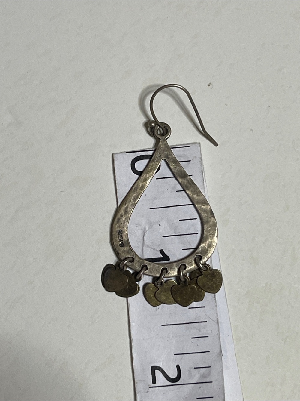 Hammered Sundance  Teardrop Dangle Earrings with Heart Charms - Silver Tone - Picture 2 of 2